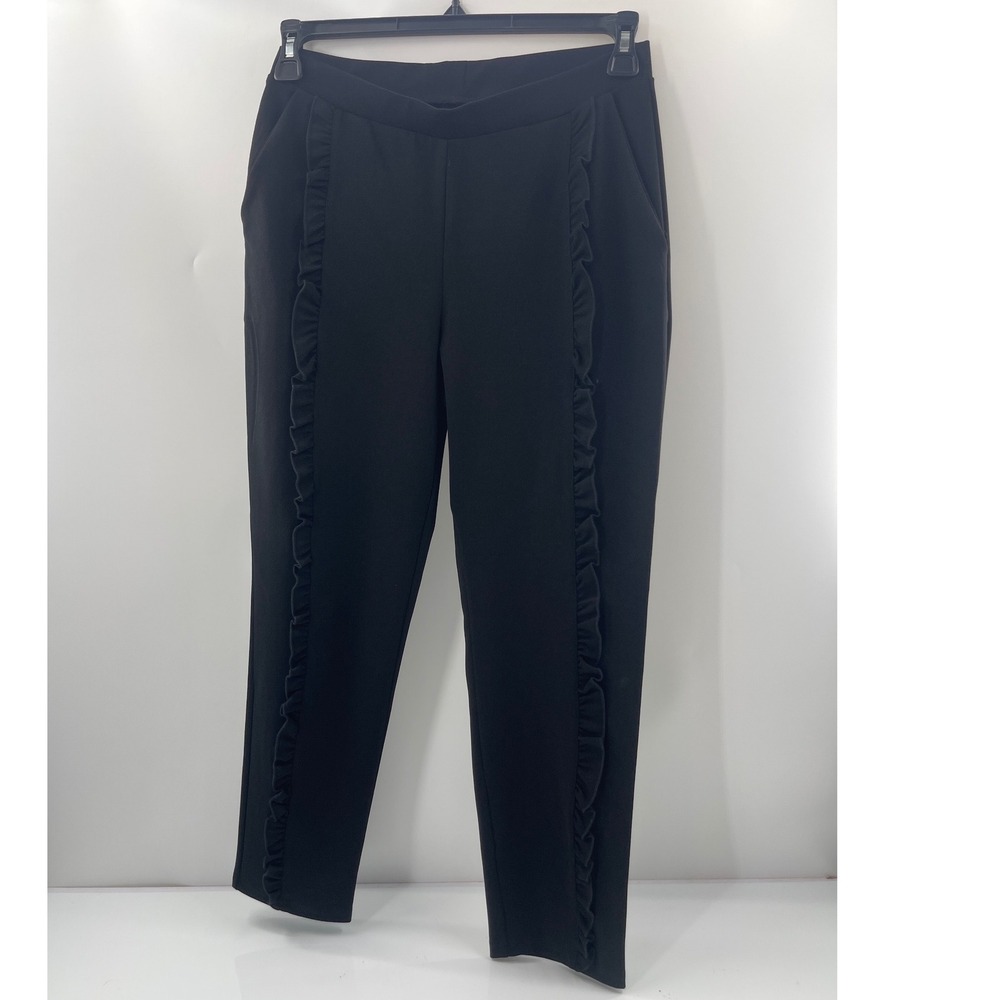 Nina Leonard Black Ruffle Trim Ankle Pants Womens Medium Stretch Pull On Tapered